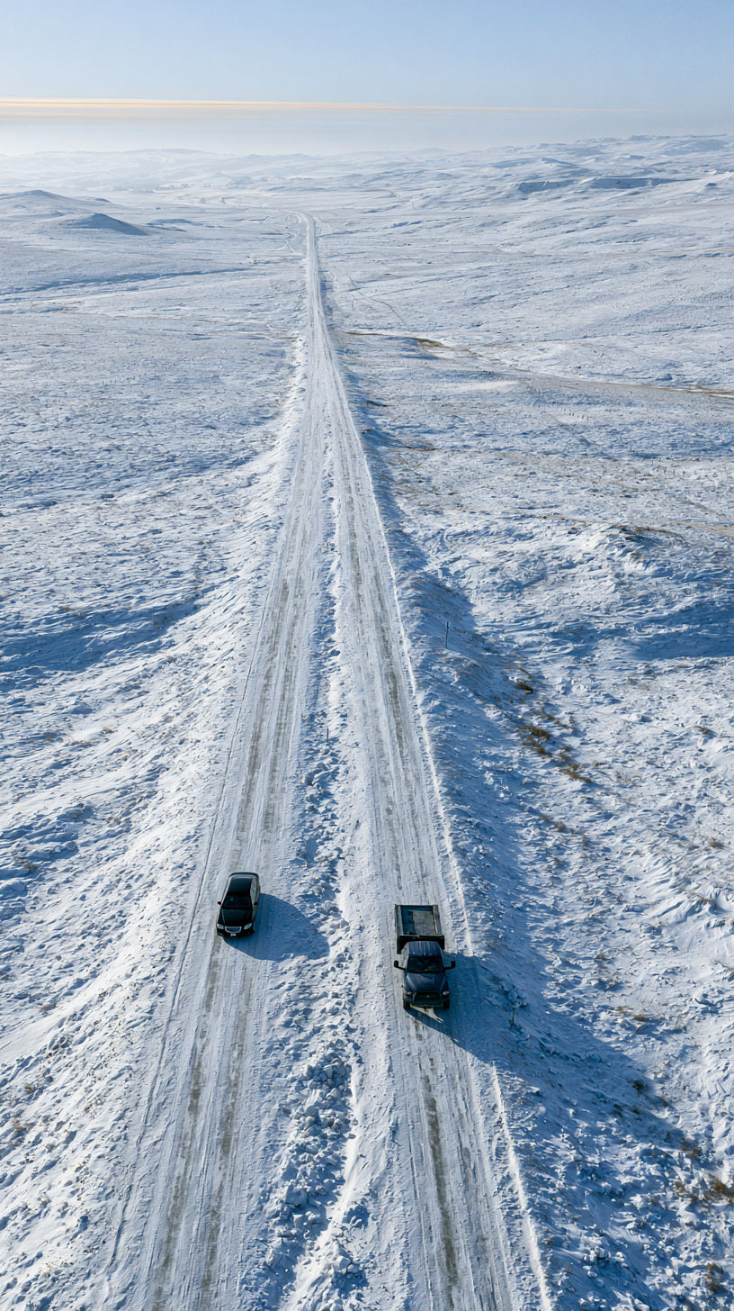 分向东西的蒙大拿雪原公路